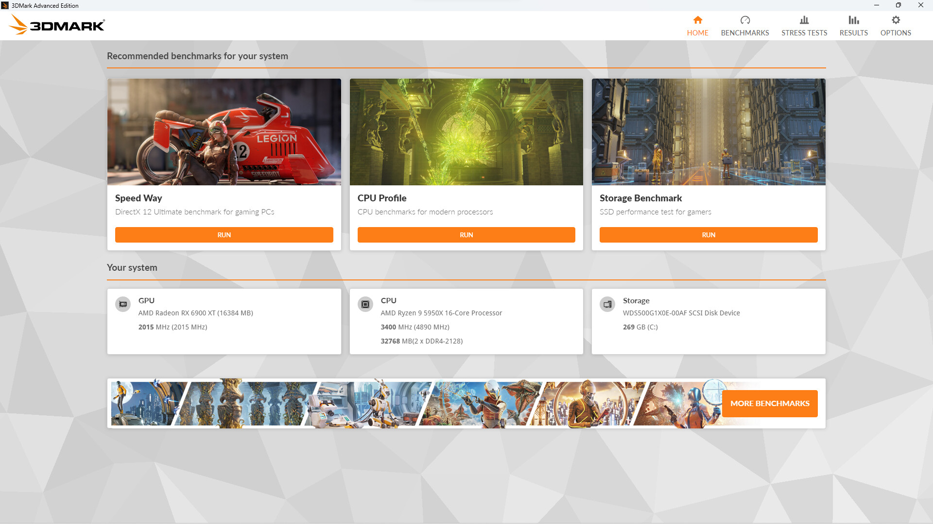3DMark 主界面 Home 页：推荐测试与系统信息